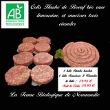 Colis steaks hachés bio 1 k et saucisses 3 viandes bio 1 k Colis 1 k haché de boeuf bio et 1 k saucisses trois viandes bio
